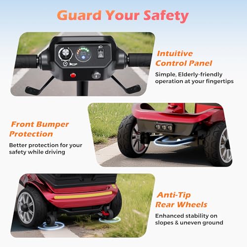 Foldable 4-Wheel Mobility Scooter for Adults – Portable Motorized Scooter with 330 lbs Capacity, Detachable Battery, Dual Baskets, Cup & Phone Holder, Red