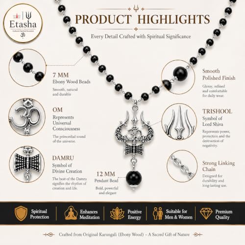 Image of Karungali Mala Original (Trishool, Om, Damru and 12 MM Karungali Bead) | karungali malai original certified | karungali malai original with lab certificate| 7 mm beads | ebony wood