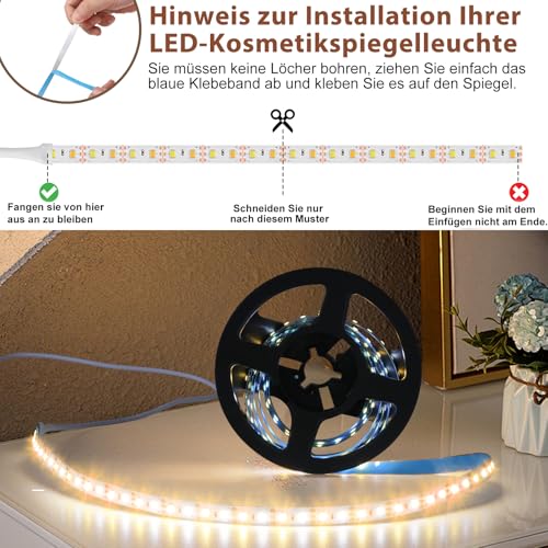 Punxasl LED Spiegelleuchte, Schminktisch Leuchte, Make Up Licht, Schminkleuchte, Makeup Lampe, 3 Farben und 9 Dimmerstufen,6,5ft/2Meter