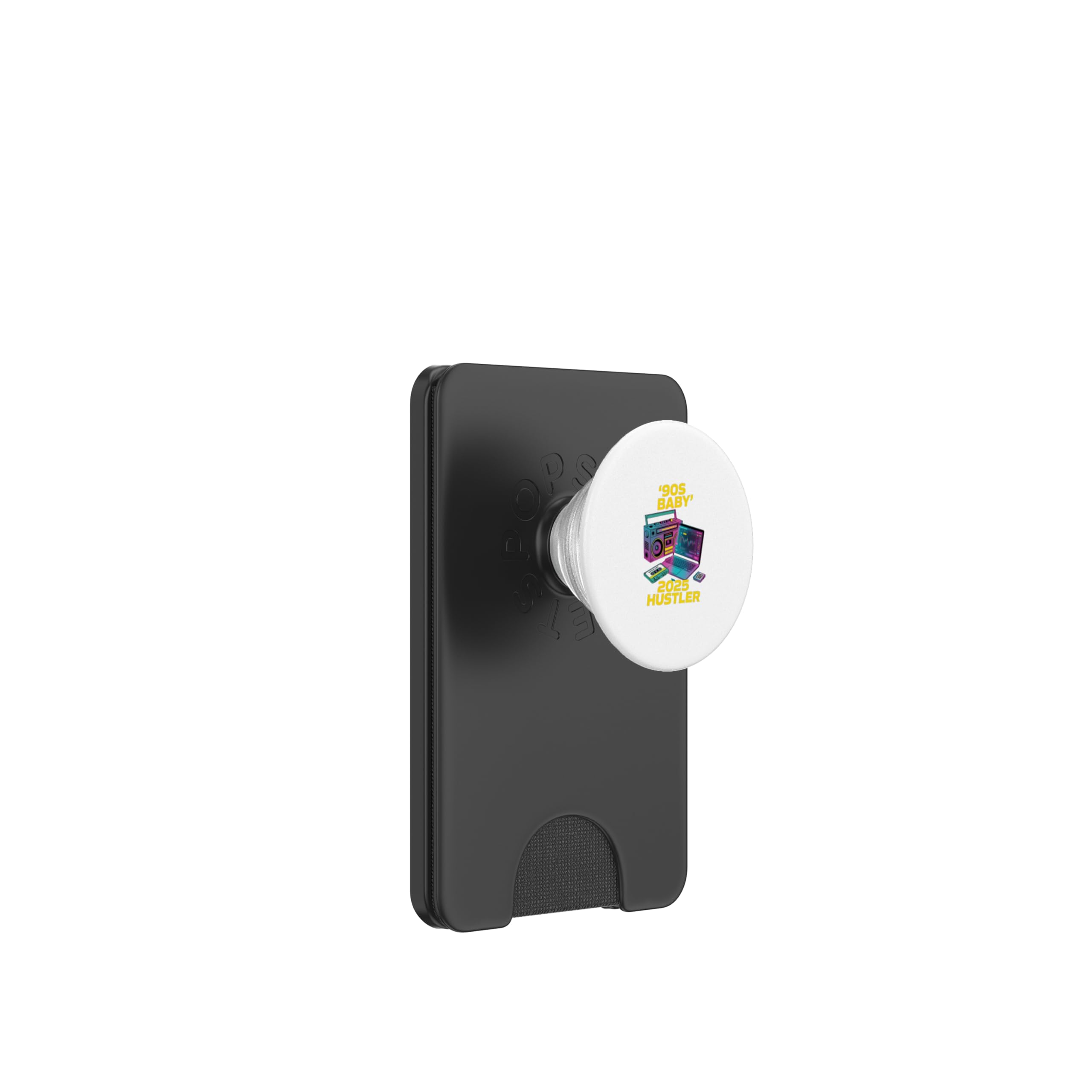 90s Baby, 2025 Hustler” Split graphic: retro cassette player PopSockets PopWallet for MagSafe