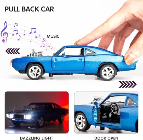 Image of Aldorado 1:24 Dodge Charge F7 - Blue Alloy Diecast Pullback Metal Car Toy with Sound Light & Opening Doors - Great Gift Toy for Kids