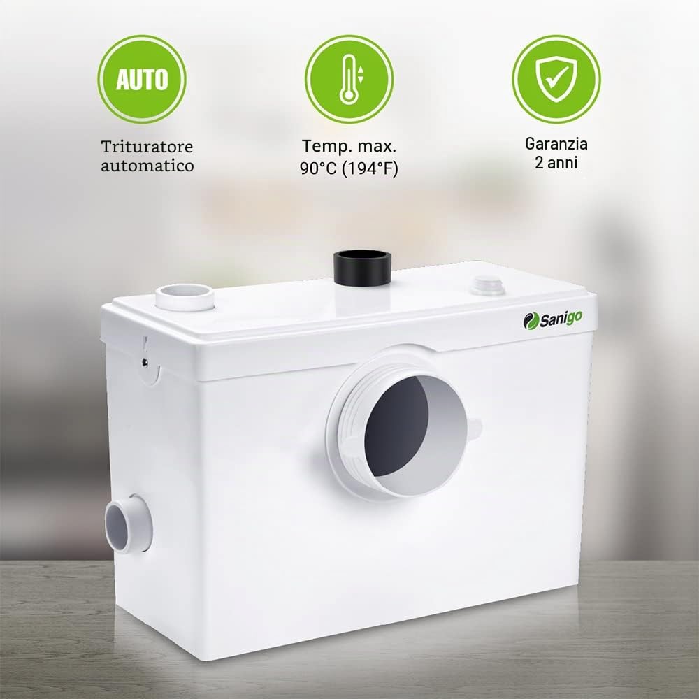 SANI600 Trituratore Sanitario Classico, Pompa Automatica in Acciaio Inox per Eliminare le Acque Reflue, Silenziosa, 3/1 ingressi per WC e lavabo, 600W, Bianco