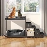Saudism Pet Bunk Bed with Removable Stairs and 2 Drawers, Dogs/Cats Window Perch, Dog Window Seat with Soft Cushion, Ultra-Shallow Steps, Sturdy Metal Frame, Non-Slip, Load Capacity 60 LBS