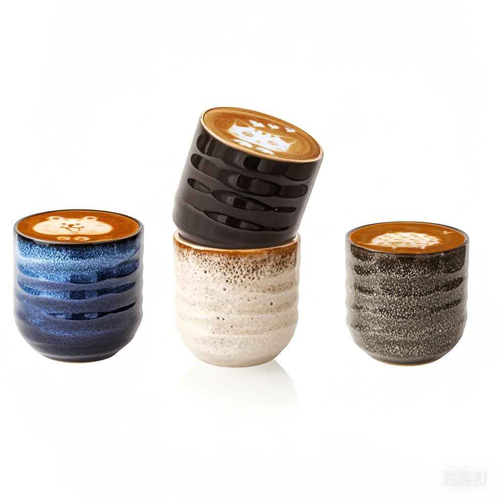 Kynthyre Set of 4 No-Handle Ceramic Coffee & Tea Cups, 6.8oz, Japanese Style, Espresso Cups for Home, Office & Gifts, Microwave & Dishwasher Safe