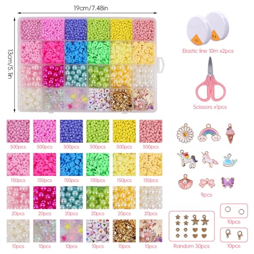 Image of SANNIDHI Seed Beads Clay Beads for Bracelet Making, Colorful Pearls Beads for Jewellery Making, DIY Polymer Beads Set Kit Girls Craft Beads for Kids Activity with Charms, Scissors & 2 Crystal Lines