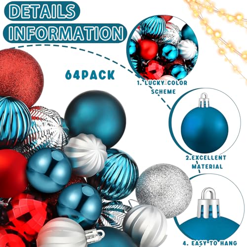 Image of Lunmon 64 Pcs Red Blue and Silver Christmas Ornaments Patriotic Xmas Balls