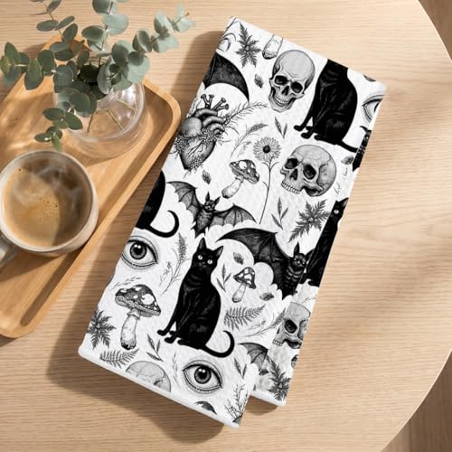 Image of 2Pcs Skeleton Cat Kitchen Towels, Mushroom Durable Microfiber Tea Towels for Kitchen Home Bathroom Farmhouse Decor, Eyes Bat Waffle Weave Dish Drying Towel, Cat Gifts for Women Friend, 24x14 Inch