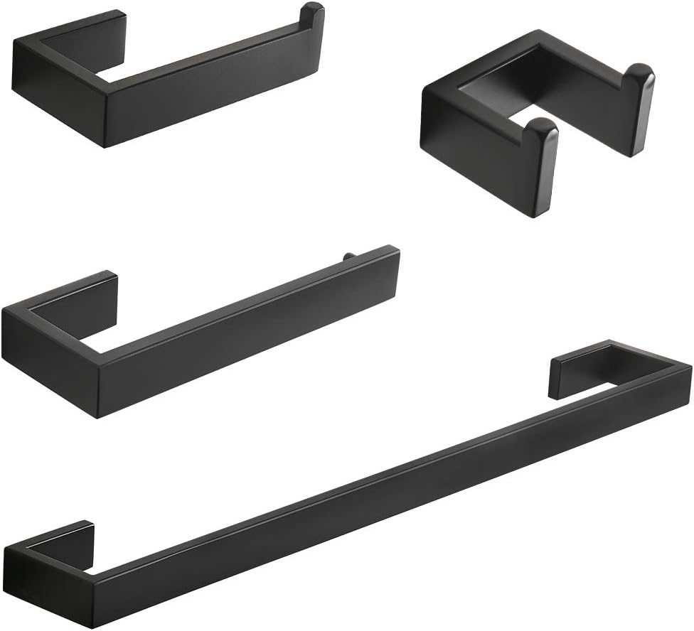 Fapully 4-Piece Bathroom Hardware Accessory Set with 24" Towel Bar Towel Ring Paper Holder Robe Hook Matte Black