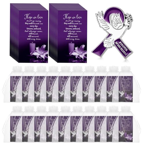 60 Set Funeral Ribbon Dove Pins Funeral Favors for Guests Awareness Lapel Pin Brooch with Prayer Cards Organza Bags for People in Mourning Remembrance Memorial