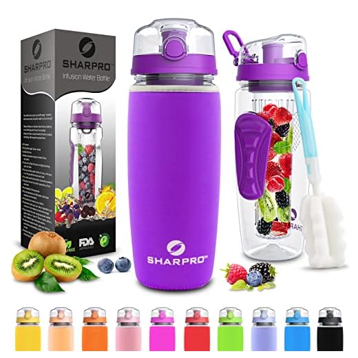 sharpro 32 oz. Infuser Water Bottles - Featuring a Full Length Infusion Rod, Flip Top Lid, Dual Hand Grips (Purple)