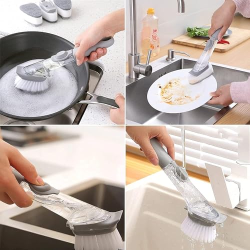Image of UCRAVO Dish Cleaning Brush Washing Up with Detergent Dispenser Non-Stick Oil Kitchen Cleaning Brush, Long Handle Dishwashing Automatic Sponge Cleaner Multifunctional Household Cleaning Tools