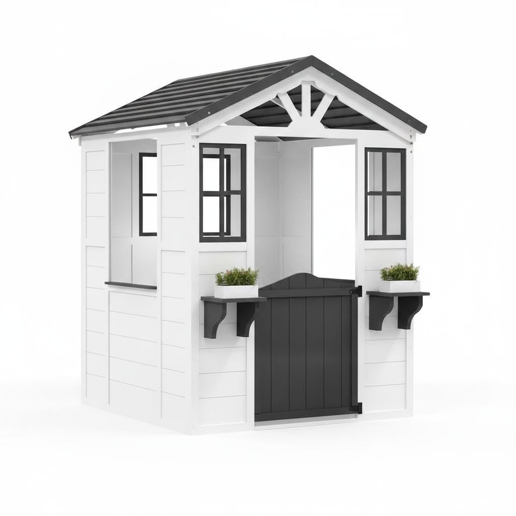IDEALHOUSE Zedernholz Kinderspielhaus Outdoor - Landhaus-Cottage mit Veranda & Spielküche, Holländertür, Blumentopfhalter, wetterfestes Vinyl-Dach, einfache Montage - Weiß