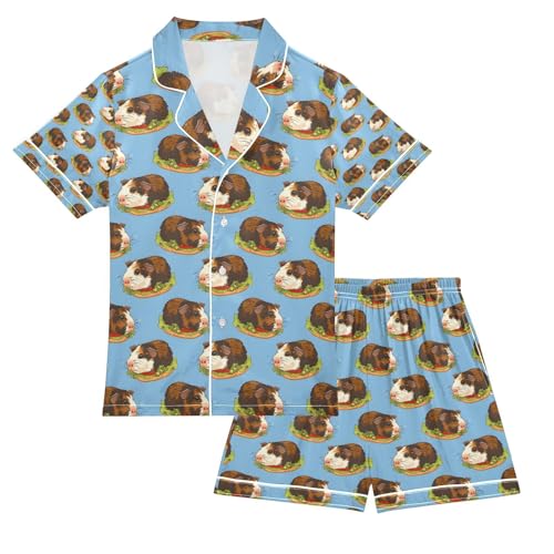 senya Guinea Pig Brown Satin Summer Pajama Sets Silk Short Sleeve Button Down Sleepwear