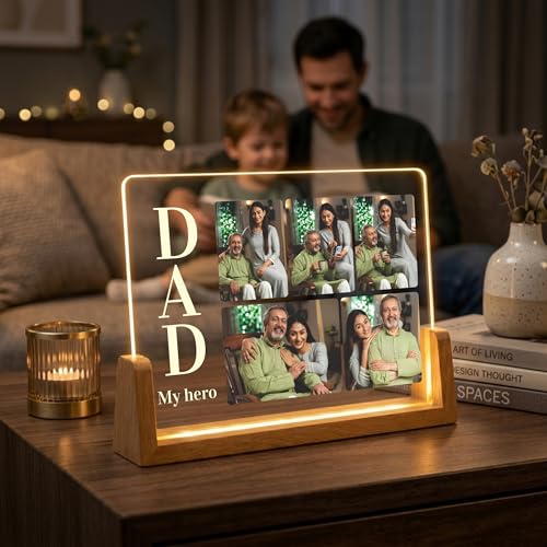 Image of Giftplease Personalized Dad My Hero Acrylic LED Photo Frame with Wooden Base | Customized Multi-Photo Light Lamp for Father's Day, Birthday, Anniversary | Warm Glow Night Light
