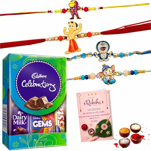 Image of Cartoon Rakhi for Kids Set of 4 with Chocolate- Cute Adorable Kids Rakhi for Teenager,Toddler,Boy,Girl,Baby,Younger /Small /Little Brother with Chocolate Gift