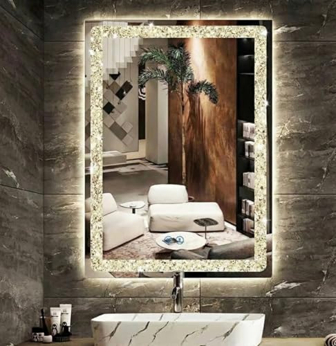 Image of Alfa Design Diamond Crush Wall Mounted LED Mirror | Touch Sensor 3 Light Modes for Bathroom Vanity Mirror, Washbasin, Farmhouse & Bedroom LED Crystal Rectangular 24 x 18 inch