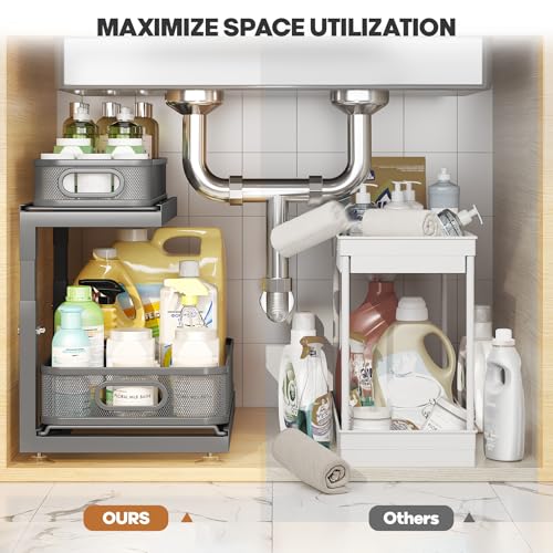 Image of 2-Pack Under Sink Storage Organizer with 2-Tier Slide Out Drawer, Sophisticated Mesh Pull Out Shelf for Kitchen & Bathroom, Fits Small Items, Upgraded Arched Track for Smooth Gliding-Gun Gray