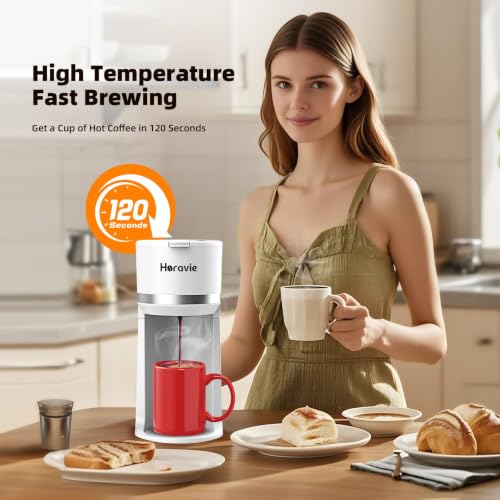 Image of Horavie Mini Single Serve Coffee Maker for K-Cup Pod & Ground Coffee, Fast Brew One Cup Coffee Machine with Descaling Reminder and Viewing Tank, 6 to 12 oz. Brew Sizes, White