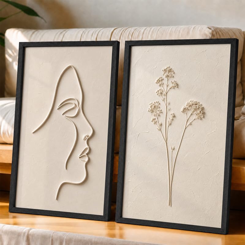 Image of NoWorries Minimal Line Art Wall Painting Set of 2 with Frame | Abstract Woman Face & Botanical Flower Beige Artwork, Modern Neutral Wall Decor for Living Room, Bedroom, Office and Home Decoration (Art-18, 25x37inch)
