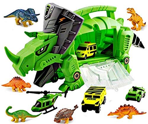 Think N Thrill Dinosaur Toys Storage Carrier for Kids Includes 6 Mini Dinosaurs 3 Toy Cars & Helicopter - #1 Best Fun Playset for Boys & Girls - Great for Children Ages 3+ Years Old (New)
