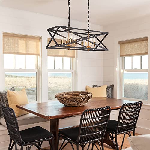 Large Modern Farmhouse Chandelier 8-Lights Black and Gold Industrial Metal Chandelier Light Fixtures for Dining Room Rectangular Linear Kitchen Island Lights UL Listed