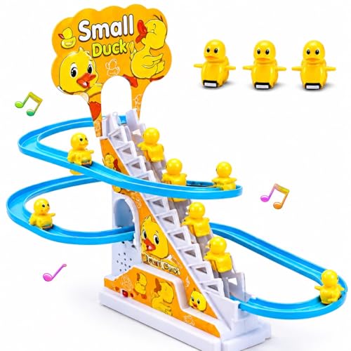 Image of KmCho Duck Track Toy for Kids, Automatic Stair Climbing Duck Set with Flashing LED Lights & Music, Cartoon Duck Escalator Race Track Toy, Educational Battery Operated Toy for Boys & Girls