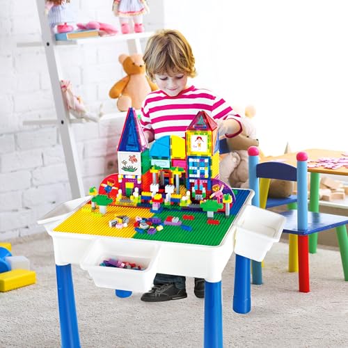 picassotiles 585pc kids activity table magnetic tiles and building bricks stem pretend play learning with reversible brick whiteboard tabletop storage bins and add-on toys boys girls ages 3 pbt585