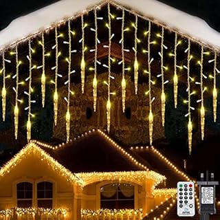 Geemoo Christmas Icicle Lights Outdoor 29.5ft/9m 360 LED Icicle Fairy Lights with 60 Strands, 8 Modes, Mains Powered, Remote, Timer, Waterproof for Eaves Balcony Christmas Decorations - Warm White