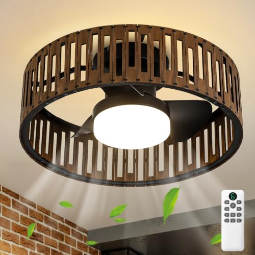 Image of fandelier ceiling fan with light,low profile ceiling fans with led lights,boho ceiling fan,farmhouse 20 inch caged bladeless ceiling fan with remote for Bedroom Kitchen Kid's Room