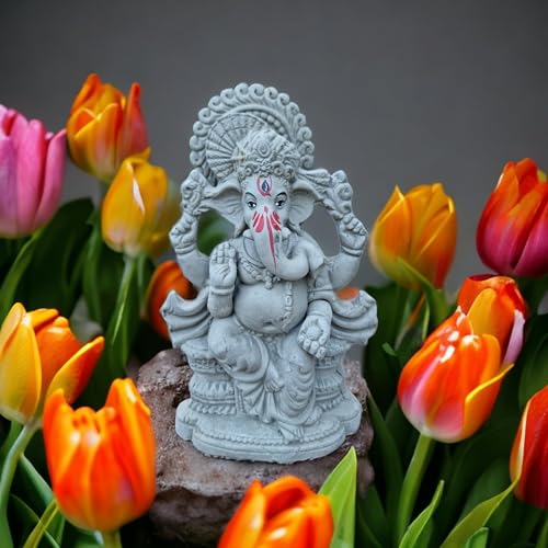 Image of SAUDEEP INDIA 8 Inch Mitti Ganesh Idol | Eco-Friendly Handcrafted Mud /Clay Ganesh Murti | Ganpati Figurine for Ganesh Chaturthi Visarjan | Biodegradable Mukut Ganesha Statue(Export Quality)