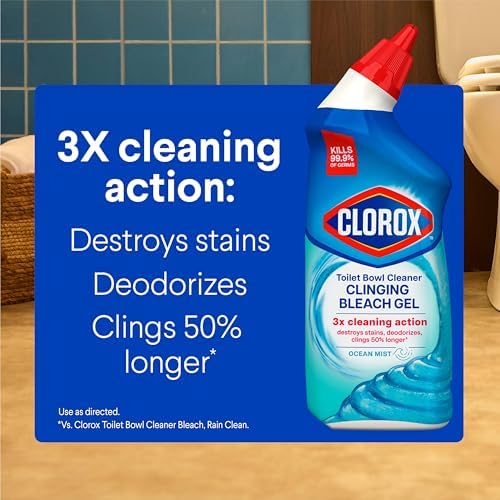 Clorox Toilet Bowl Cleaner Clinging Bleach Gel, Kills 99.9% of Bacteria and Viruses, Ocean Mist, 24 Fl Oz, Pack of 2