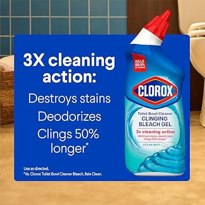 Clorox Toilet Bowl Cleaner Clinging Bleach Gel, Kills 99.9% of Bacteria and Viruses, Ocean Mist, 24 Fl Oz, Pack of 2