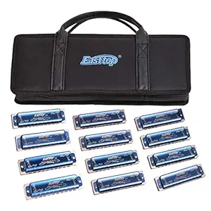 Harmonica Set 12 key blues harp Easttop 008K Professional Diatonic Harmonicas 10 Holes 20 Tones Harmonica for Professional Player,Beginner,Students,Children with Black Gift Bag (Blue-12 keys)