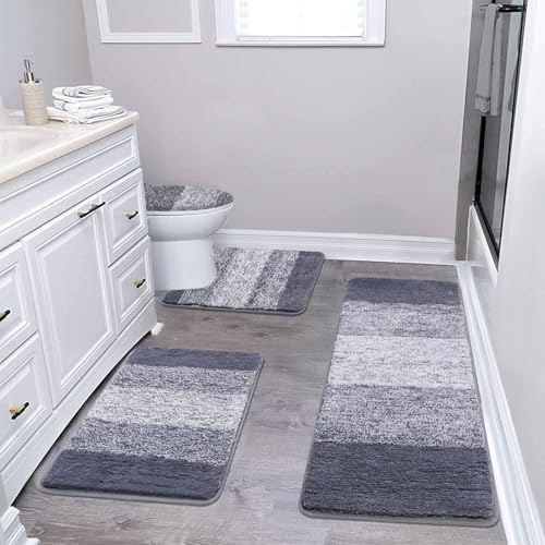 Bsmathom Bathroom Rugs Sets 4 Piece, Soft Absorbent Microfiber Bath Rugs with U-Shaped Contour Toilet Rug and Toilet Lid Cover, Thick Non-Slip Plush Shaggy Bath Mat Set,Dark Gray