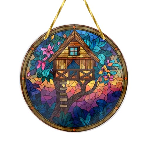 Snugozo - 1PC Stained Glass Styles Acrylic Hanging Ornaments, Treehouse & Floral, 6×6inch Decorative Signs, Acrylic Suncatchers Ideal for Garden, Home Decor, Windowsill, Wall Art, Gifts, Holiday