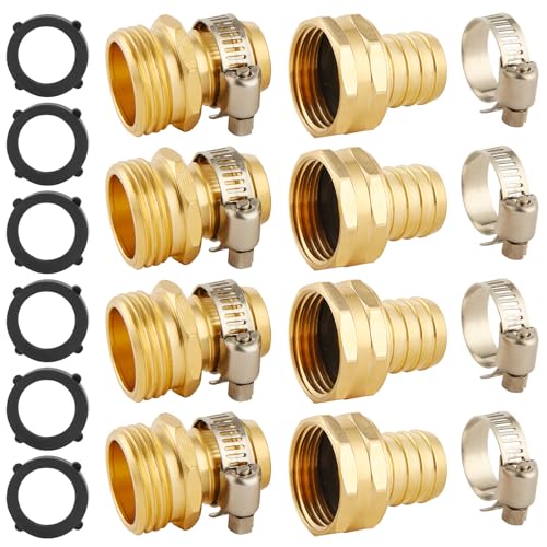 4 Set Brass Garden Hose Repair Connector Kit with Clamps, Fit for 3/4