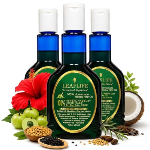 Image of Leaflife 100% Herbal Hair Oil | Homemade Natural Hair Oil for Hair Fall Control, Hair Growth & Premature Grey Hair Care | Non-Sticky, Chemical-Free | 125Mlleaflife 100% Herbal Homemade Hair Oil,Pack of 3 x 125 ML