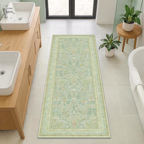 Washable Bathroom Runner Rug 2x5 Non Slip, Sage Green Small