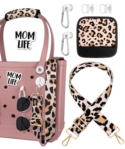Bag Strap Crossbody for Bogg Bag Accessories - Mom Life Charms Shoulder Strap Neoprene Luggage Handle Wrap for Suitcase & 2 Key Holders Leopard