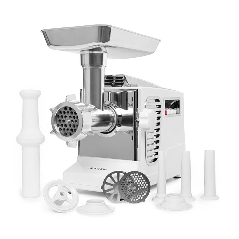 Klarstein Kraftprotz - Tritacarne Elettrico, 700 W, Potenza Bloccaggio: 1800 W, Motore in Rame, 2 Velocità e Inversione, Vaschetta in Alluminio, Lama in Acciaio Inox, 3 Dischi Forati, Bianco/Argento