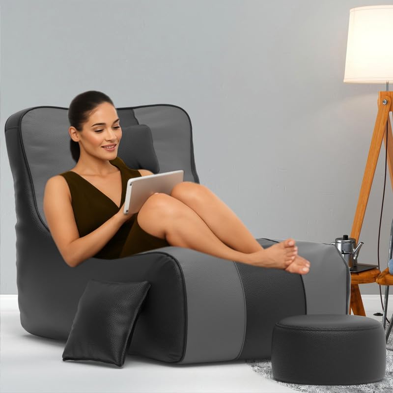 Biggie Bean Bag Chair 6XL with Beans Filled-Zuno Lounger-Laziness Pro Max-Crafted for Comfort-Styled for Elegance with Free Cushion & Footrest (Matching Color : Regular, Black Dark-Grey)