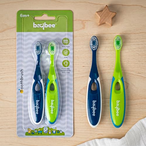 Baybee Ultra Soft Baby Toothbrush Set | BPA-Free Smooth Baby Oral Cleaner for New Born | Silicone Brush for Massaging & Cleaning Gums for Babies | Easy Grip Handle Toothbrush for Kids 2-5 Years (Green/Blue)