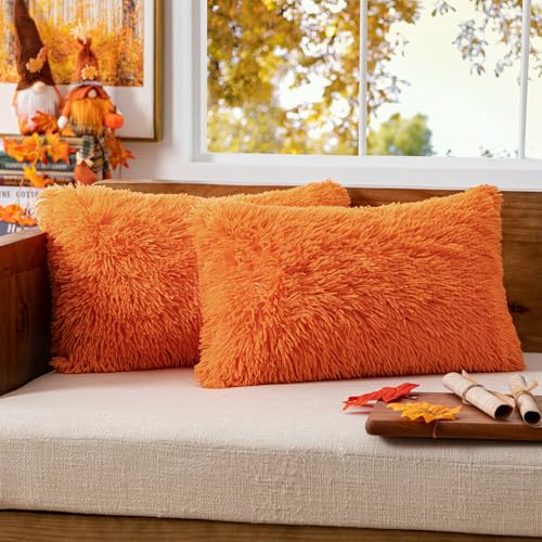 MIULEE Set of 2 Fall Luxury Faux Fur Fluffy Throw Pillow Covers Set Soft Deluxe Decorative Plush Fleece Pillowcases for Cushion Couch Sofa Bedroom Home 12x20 Inch Orange