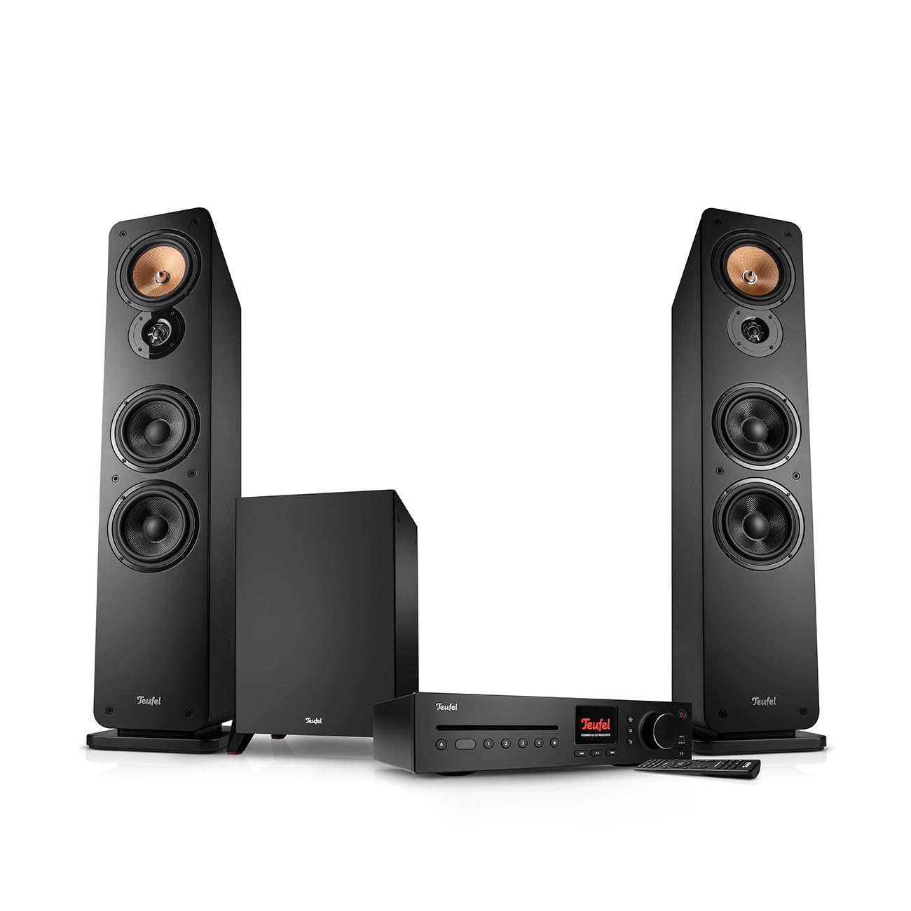 Teufel Ultima 40 Kombo 3 Power Edition – HiFi 2.1 system stereo z mocnym subwooferem i odbiornikiem CD, Wi-Fi, LAN, radio DAB+-FM, USB-C, HDMI ARC CEC, szerokie możliwości podłączenia (czarny)