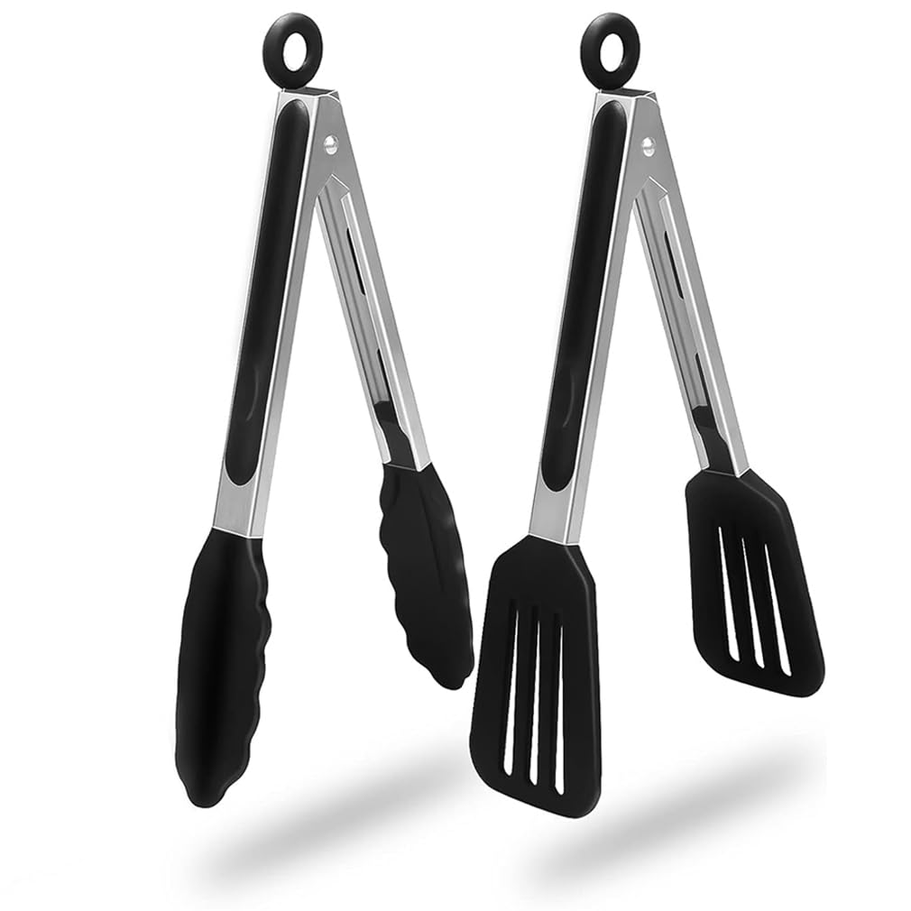 Kitchen Tongs with Padlock System | 9 Inch Silicone Tip Tongs | Non Stick for Air Fryer & Salad/Pasta | Kitchen Utensil Cooking Tongs Set of 2 | Food Grade Silicone Tong for Baking, Frying, Serving