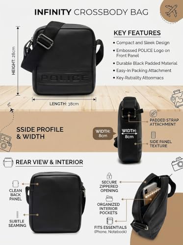 Image of Police Premium Small Crossbody Bag for Men | Compact Sling Bag with Main Compartment & Multi-Utility Pocket | Adjustable Shoulder Strap | Lightweight Everyday Travel Bag | Black