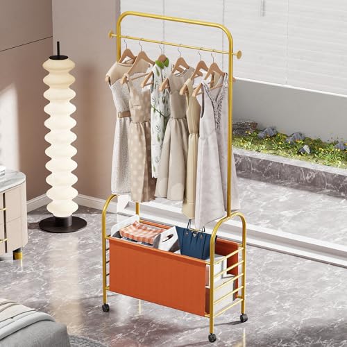 Image of Lukzer | MGR-009 | Gold | Metal Clothes Rail Stand with 360 Rotating Wheels, 4 Side Hooks & 1-Tier Leather Storage Bin - Garment Rack Organizer for Bedroom, Closet, Dorm, Laundry | 171 x 75 x 35 cm