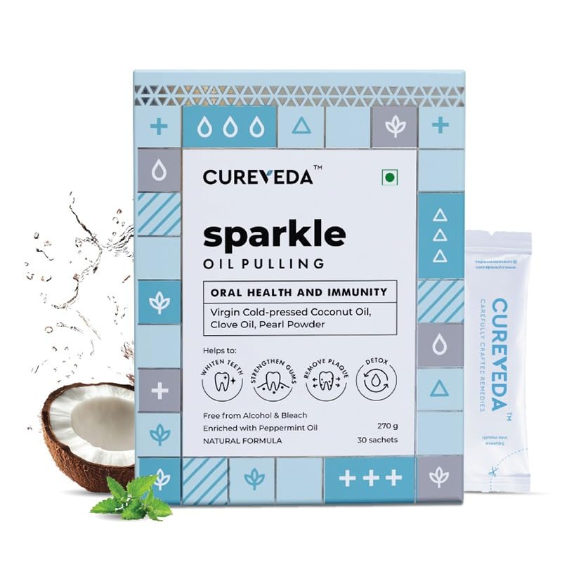 Cureveda Sparkle Oil Pulling for Mouth, Healthy Teeth & Stronger Gums | Herbal Mouthwash with Virgin Coconut Oil | For Mouth Detox & Fresh Breath | Peppermint Flavour (270 gm) (30 Sachet)