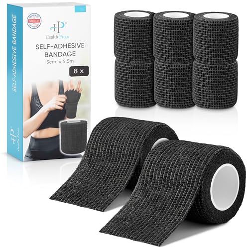 Self-Adhesive Bandage – 8X Rolls of Elastic Plaster Black (5.0cm x 4.5m) | Health Press® Fixation Band | Waterproof Elastic Bandage for Humans & Animals