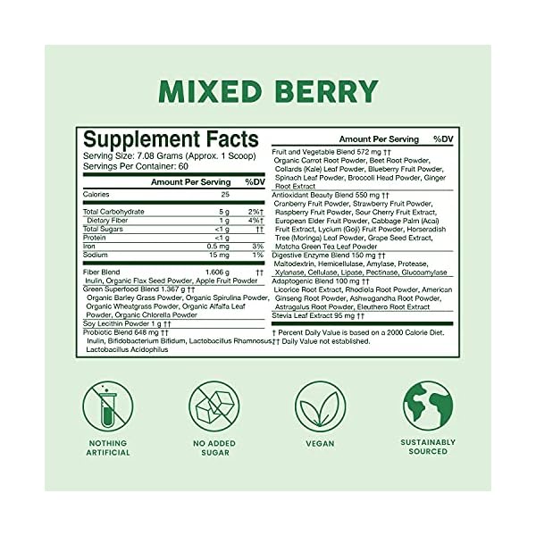 Bloom Nutrition Super Greens Powder Smoothie & Juice Mix - Probiotics for Digestive Health & Bloating Relief for Women, Digestive Enzymes with Superfoods Spirulina & Chlorella for Gut Health (Berry)